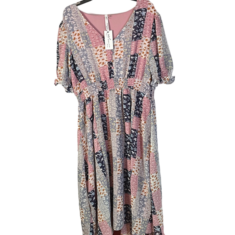 Ny Collection Pink Floral Patchwork Maxi Dress With Puff Sleeves Size 1X